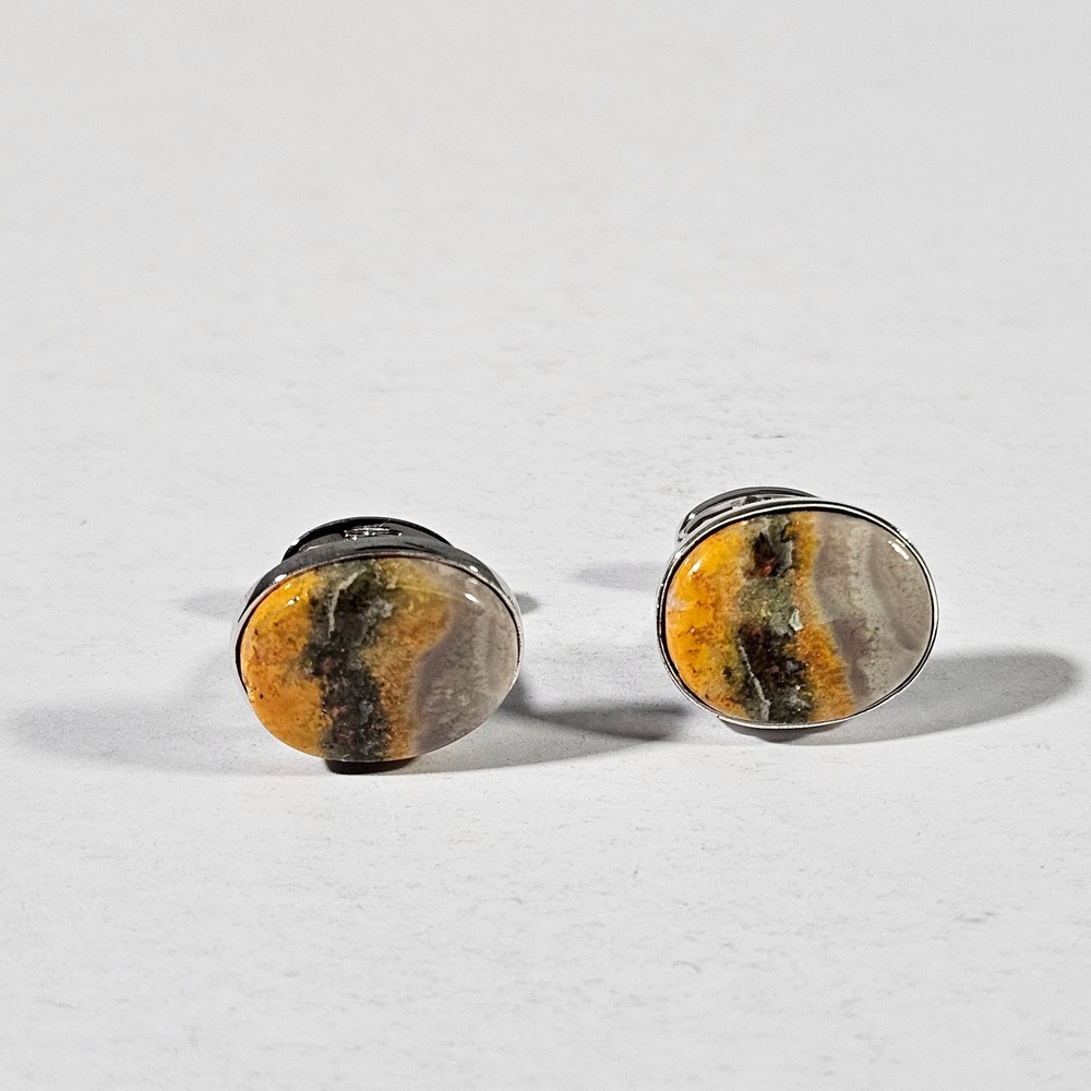 Jan Leslie Cufflinks Mens OS Yellow Bumble Bee Jasper 925‎ Sterling Silver Oval